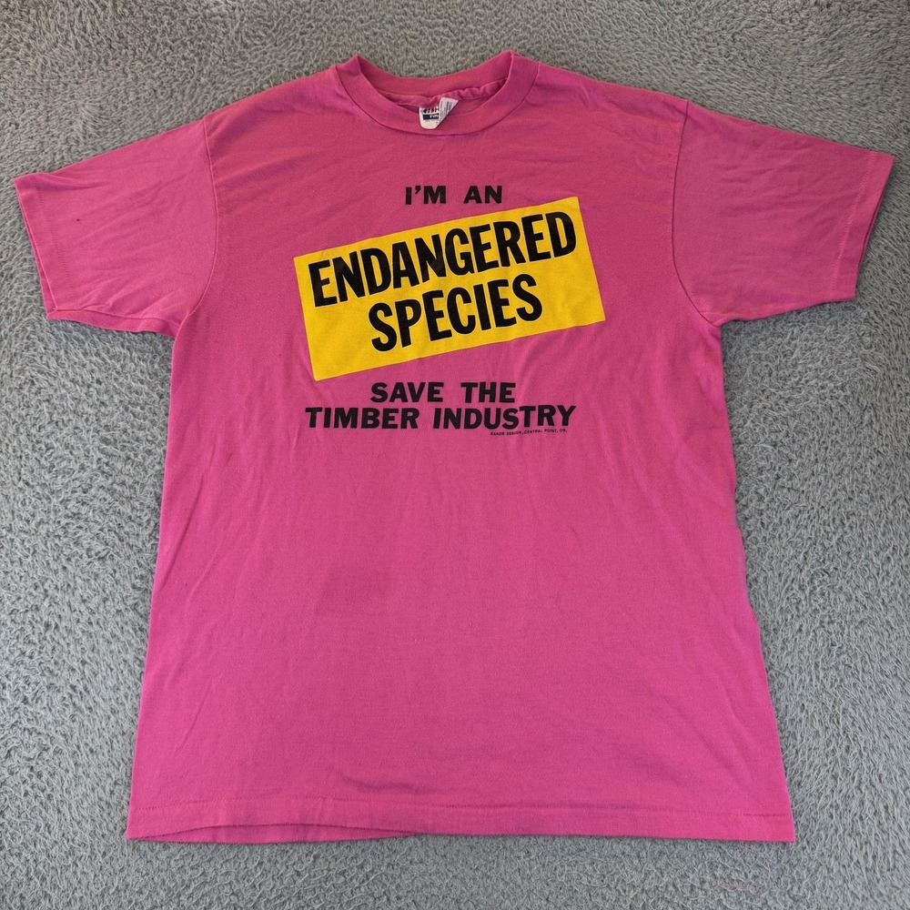 Vintage Endangered Species Shirt Mens Large Pink Timber Industry Hanes 90s USA